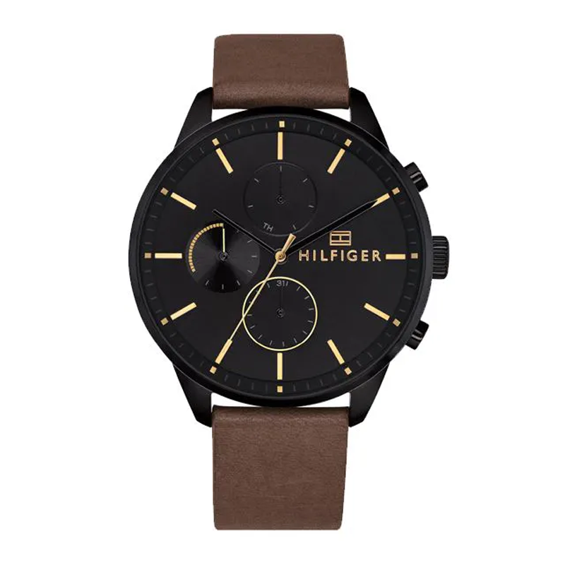 Tommy Hilfiger Brown Leather Strap Black Dial Men's Watch - 1791977
